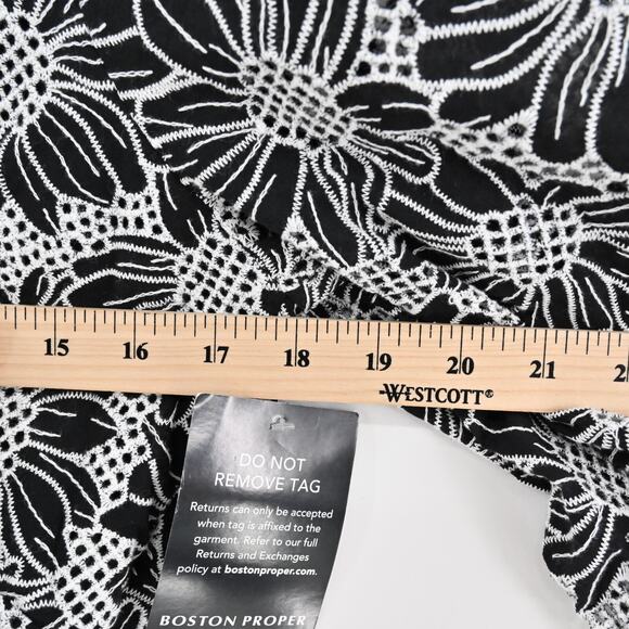 BOSTON PROPER Embroidered Dress Sz 6 Black White Floral Puff Sleeve Flounce Hem‎ - Picture 4 of 15